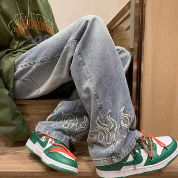 FLAME EMBROIDED WIDE Y2K JEANS